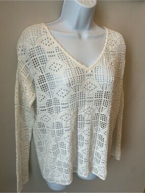 BNWT 🏷️ Carré Noir 100% COTTON Crochet V-Neck Sweater Knit Pullover Cream